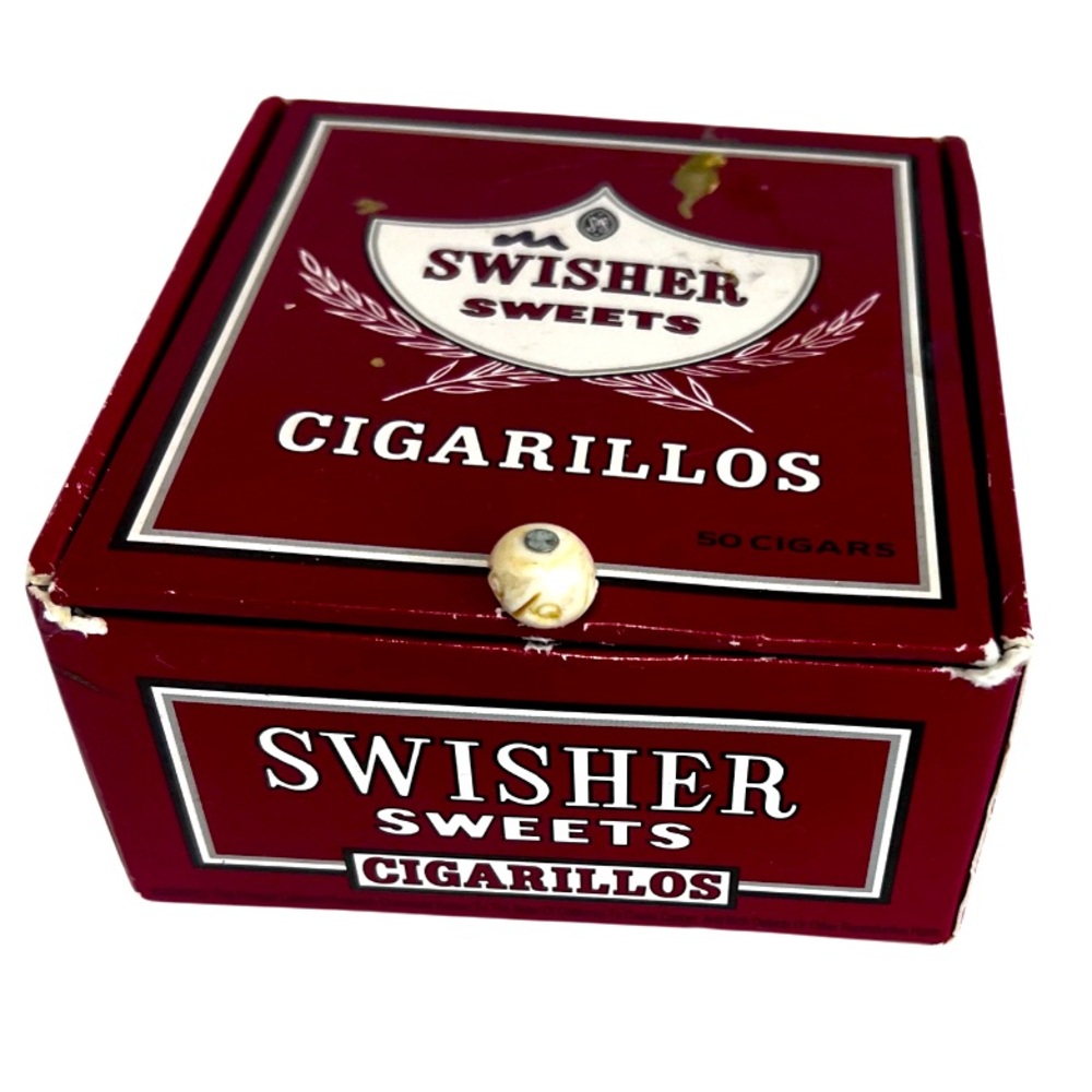 Swisher Sweets Cigarillos Box. Collectible holder with homemade ivory button lid